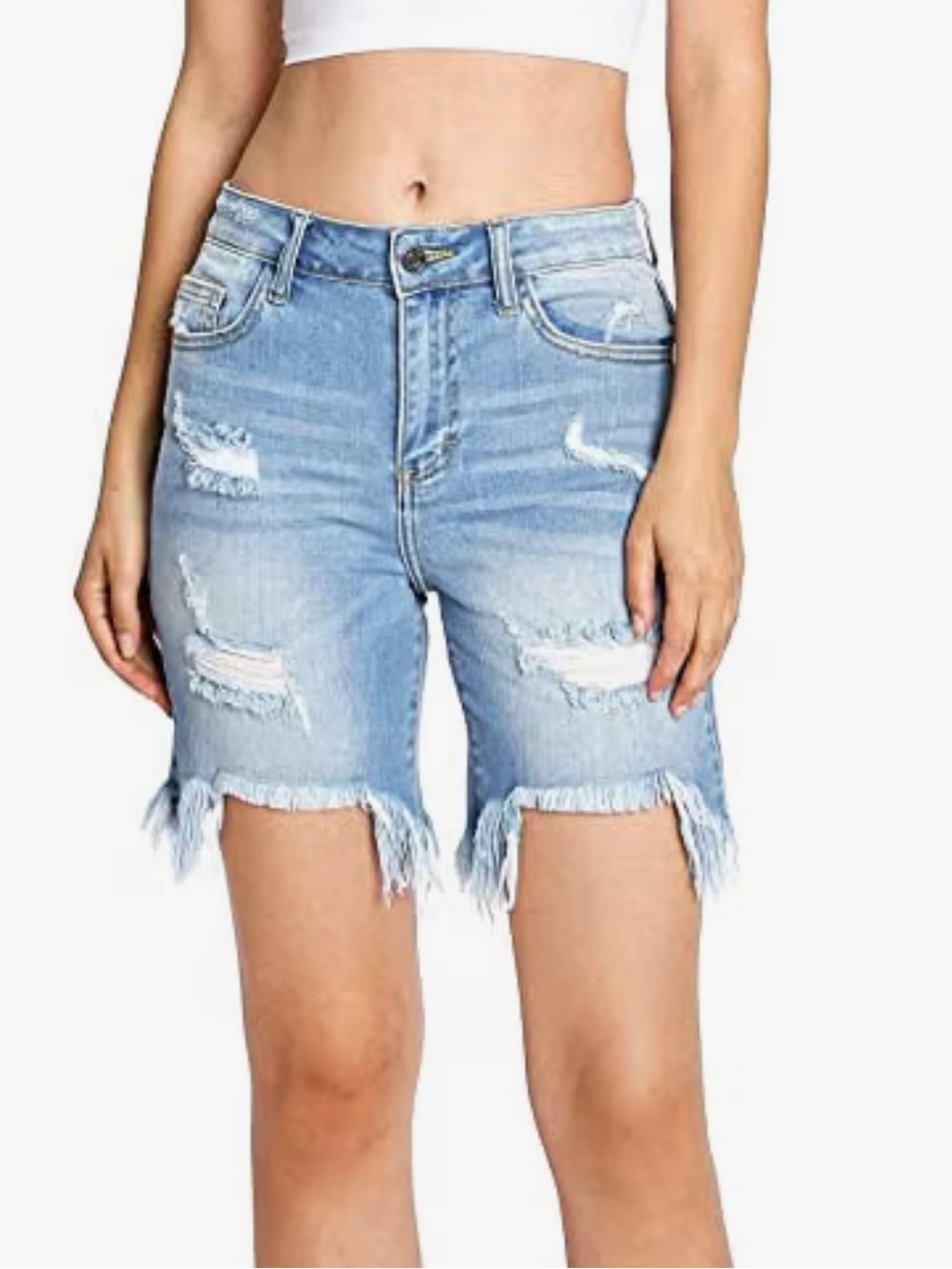 #392- Cello Light Blue High Rise Distressed Denim Bermuda Shorts